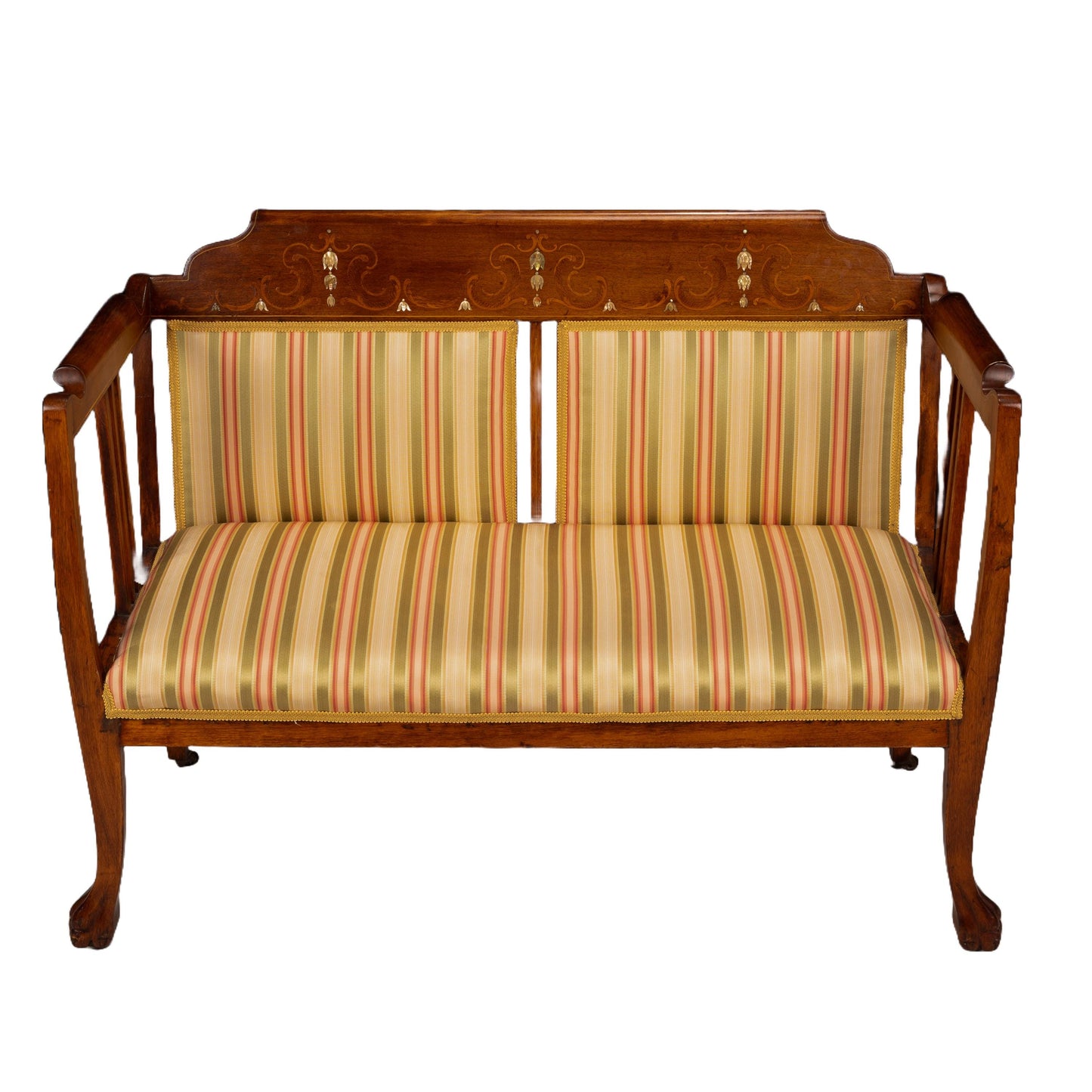 Late 19th Century English Edwardian Inlaid Bench Settee Bench - Fantastic Woodwork and Detail, Recently Reupholstered, A+ Condition