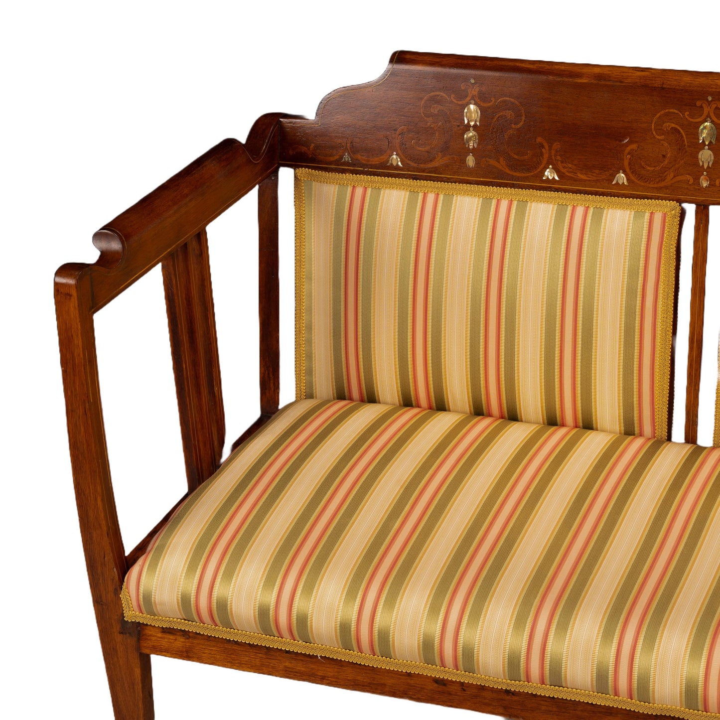 Late 19th Century English Edwardian Inlaid Bench Settee Bench - Fantastic Woodwork and Detail, Recently Reupholstered, A+ Condition