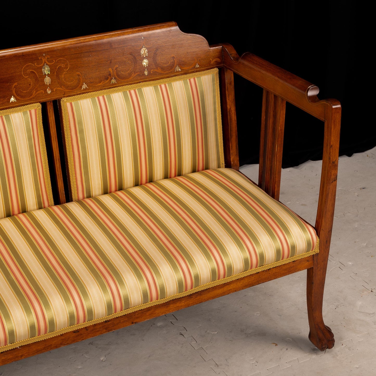 Late 19th Century English Edwardian Inlaid Bench Settee Bench - Fantastic Woodwork and Detail, Recently Reupholstered, A+ Condition