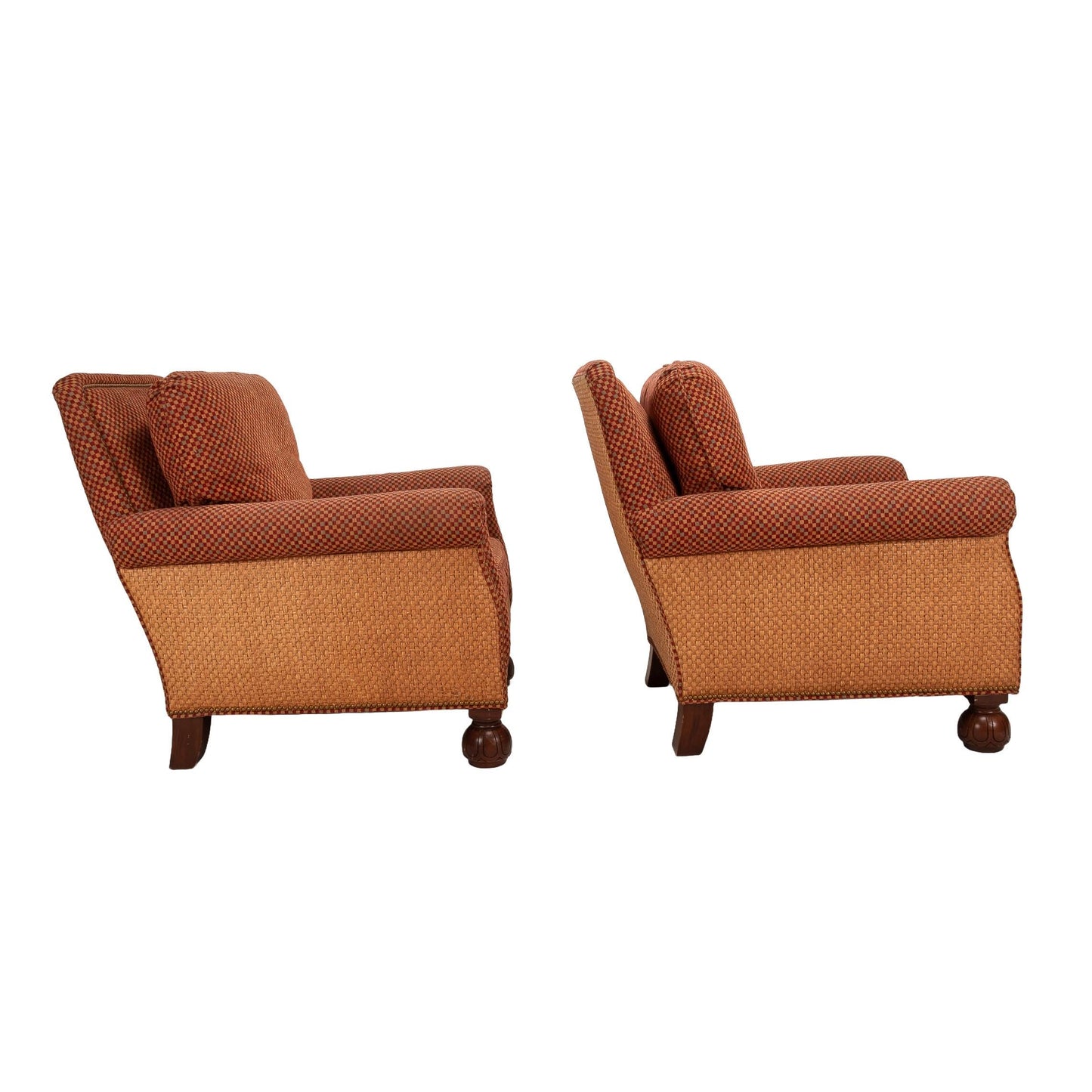 Stanford Furniture Elegant Brass Studded Whimsical Wicker and Checkered Upholstered Lounge Chairs - a Pair