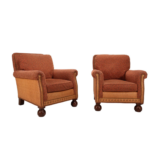 Stanford Furniture Elegant Brass Studded Whimsical Wicker and Checkered Upholstered Lounge Chairs - a Pair