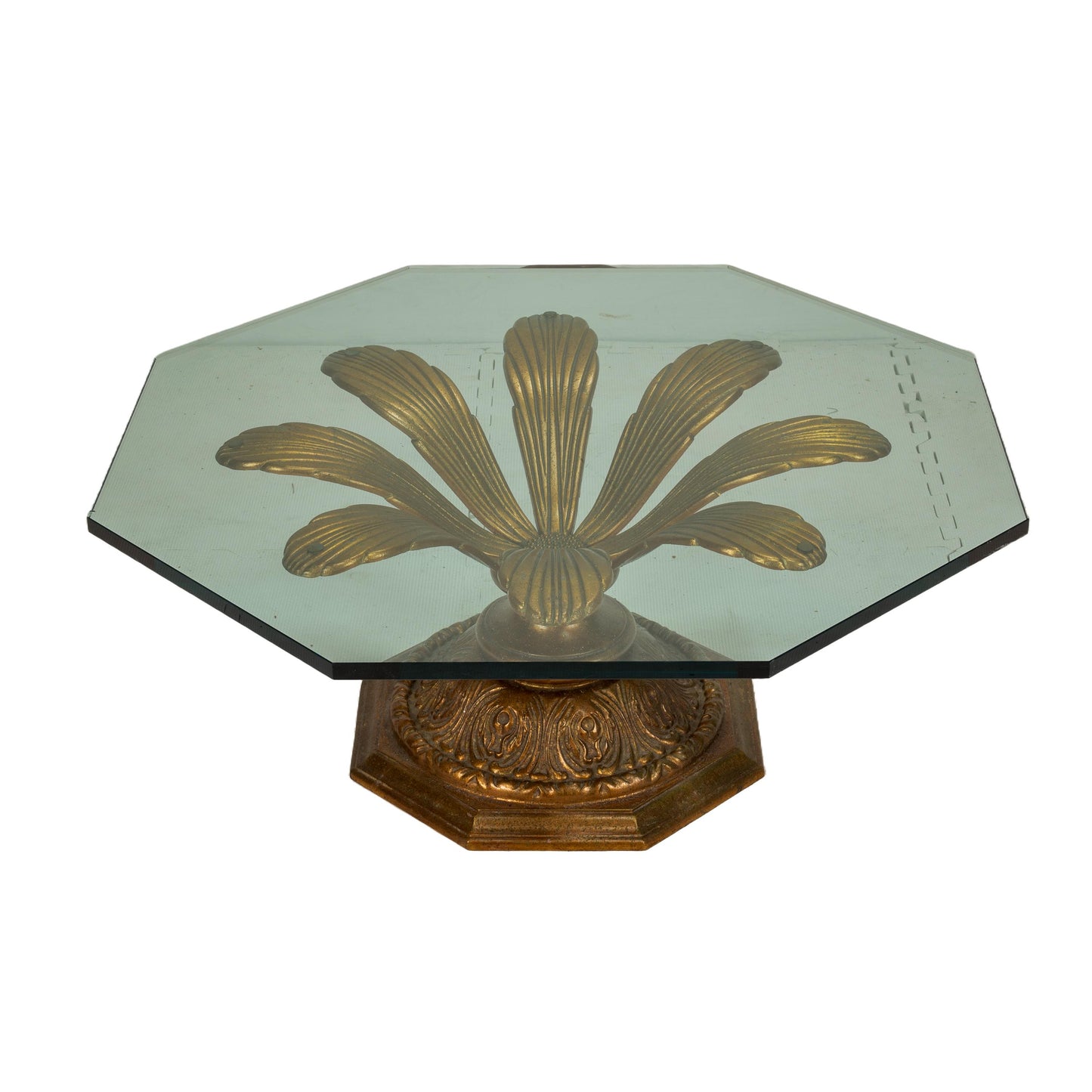 Hollywood Regency Gilded Metal Flower Petal Coffee Table Mid Century , Boho Pop Piece, Very Unique Table Pedestal Base, Thick Glass, MCM