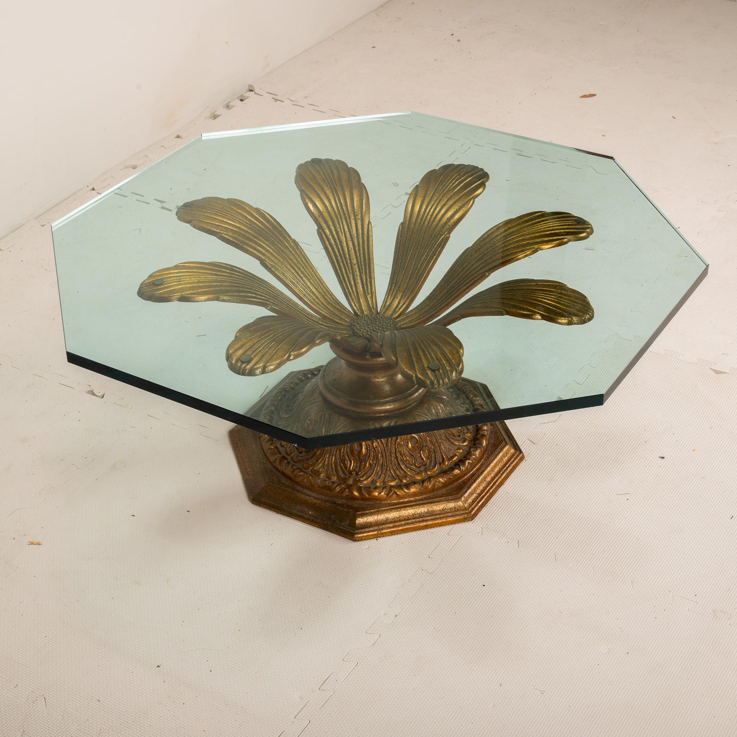 Hollywood Regency Gilded Metal Flower Petal Coffee Table Mid Century , Boho Pop Piece, Very Unique Table Pedestal Base, Thick Glass, MCM