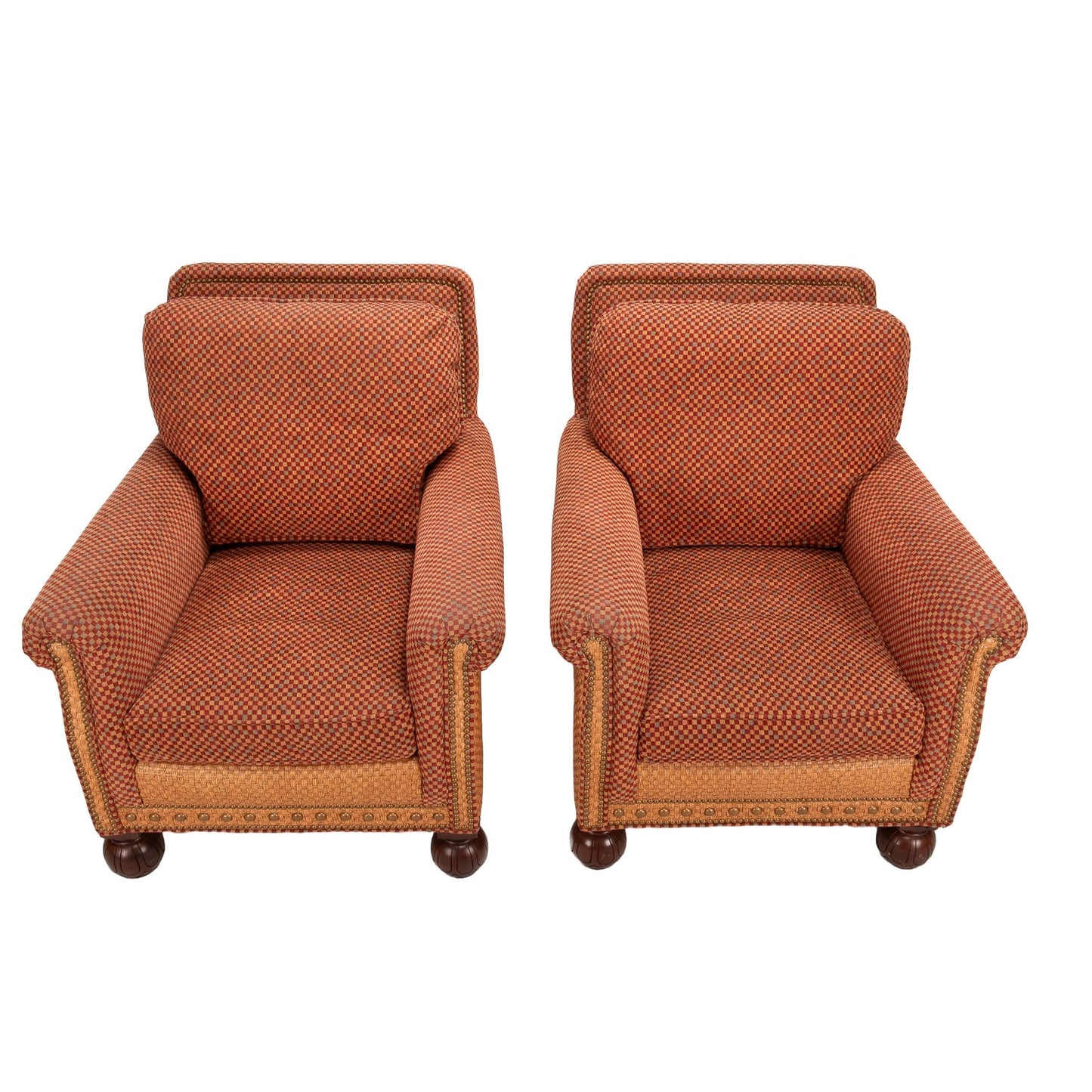 Stanford Furniture Elegant Brass Studded Whimsical Wicker and Checkered Upholstered Lounge Chairs - a Pair