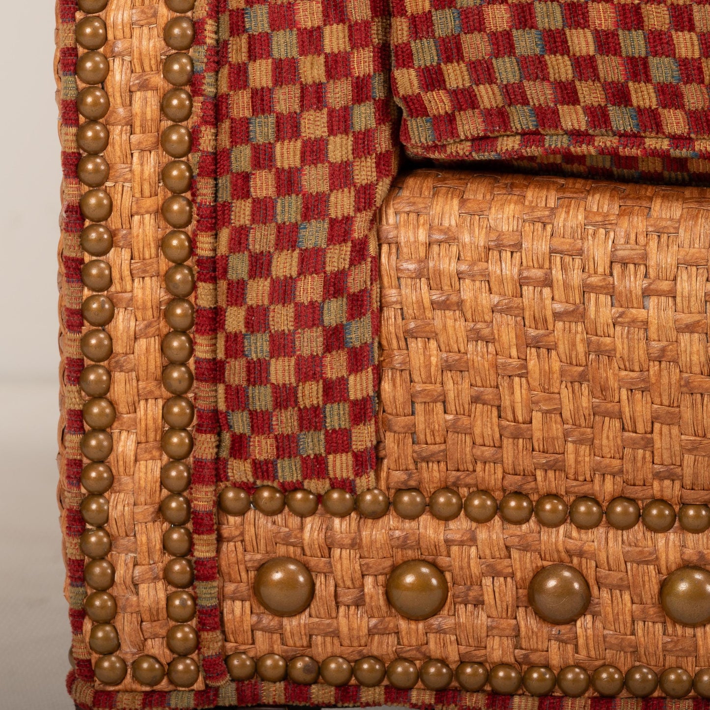 Stanford Furniture Elegant Brass Studded Whimsical Wicker and Checkered Upholstered Lounge Chairs - a Pair