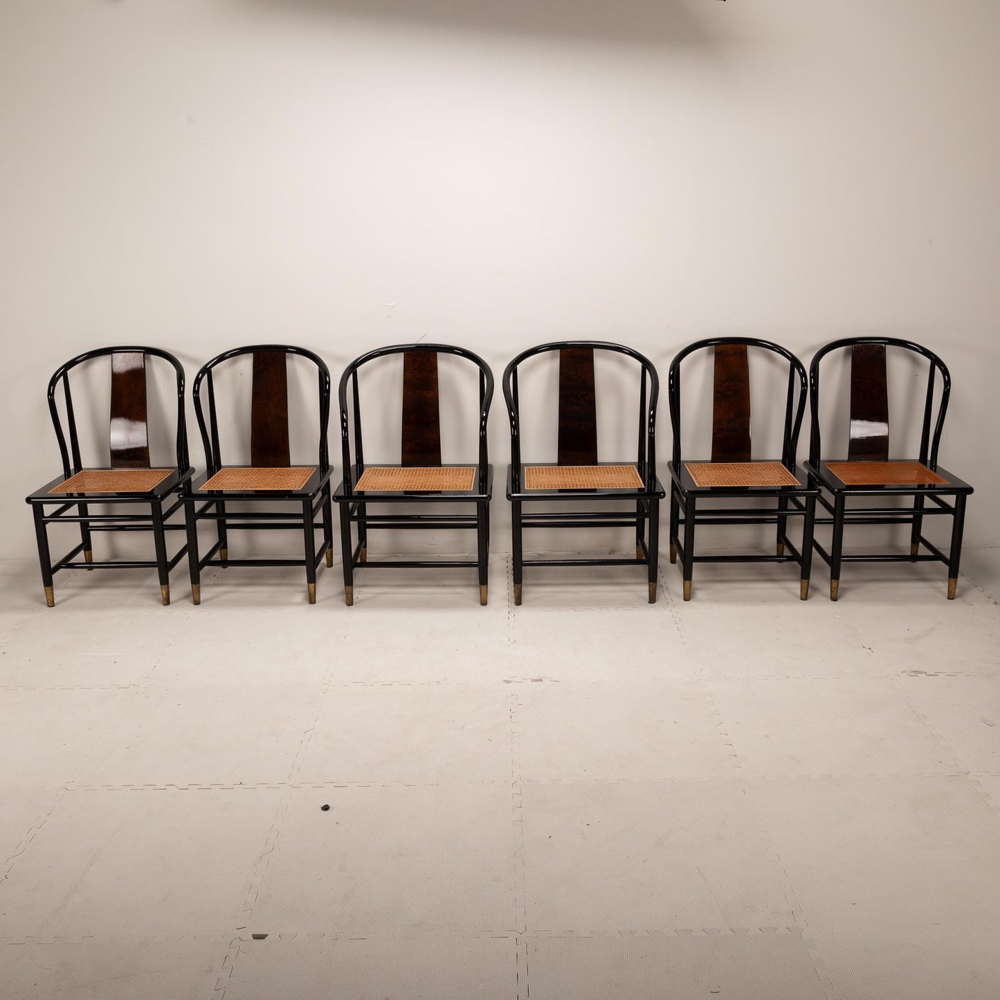 Henredon Scene III Black Lacquer and Burl Canned Dining Chairs - Set of 6 , Beautiful Caning , Elegant and Unique Seating