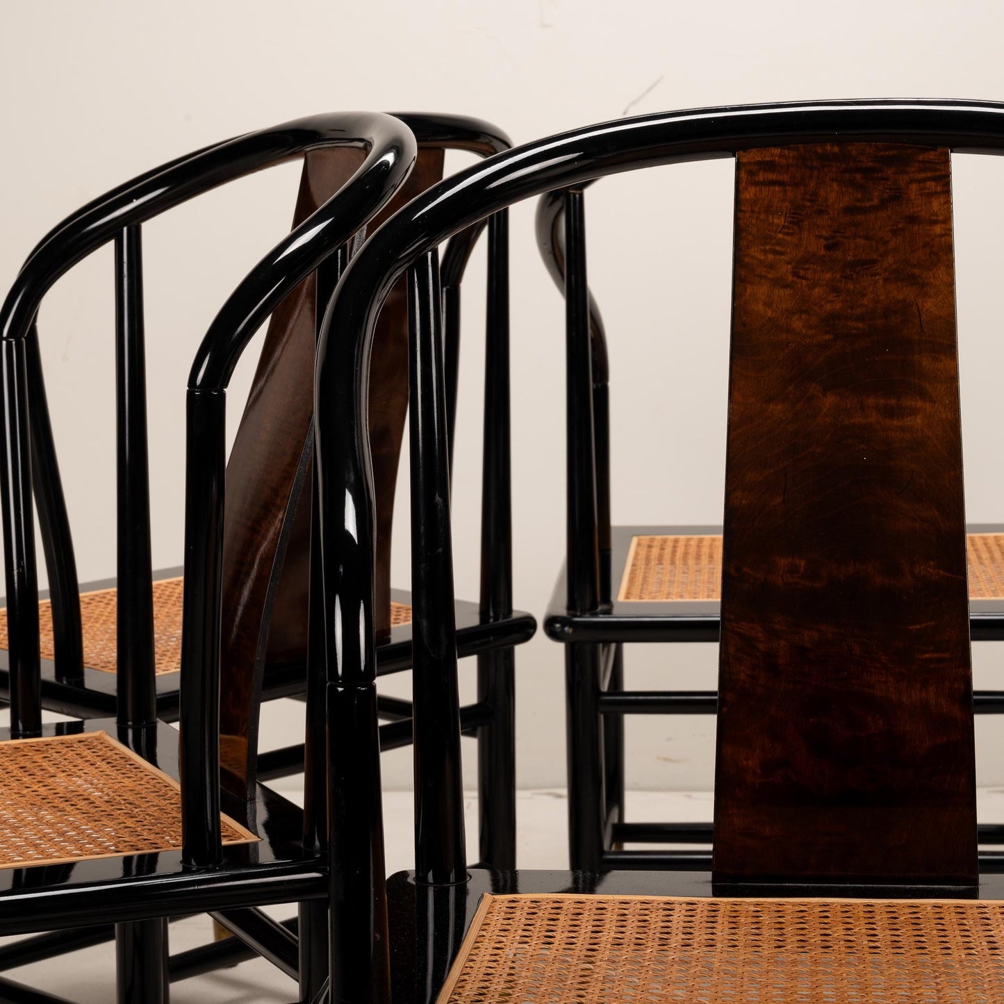 Henredon Scene III Black Lacquer and Burl Canned Dining Chairs - Set of 6 , Beautiful Caning , Elegant and Unique Seating