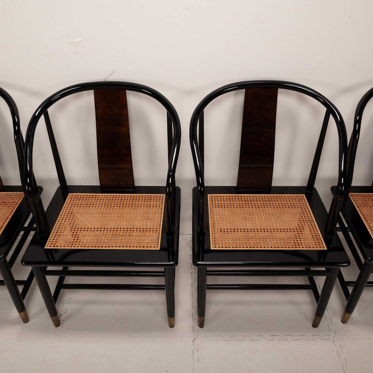 Henredon Scene III Black Lacquer and Burl Canned Dining Chairs - Set of 6 , Beautiful Caning , Elegant and Unique Seating