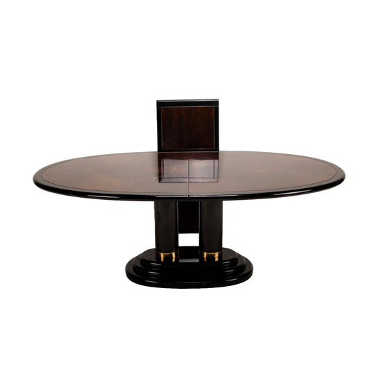 Henredon Furniture Scene Three III Asian Inspired Hollywood Regency 100" Oval Pedestal Dining Table , Black Lacquer and Burl Wood Finish