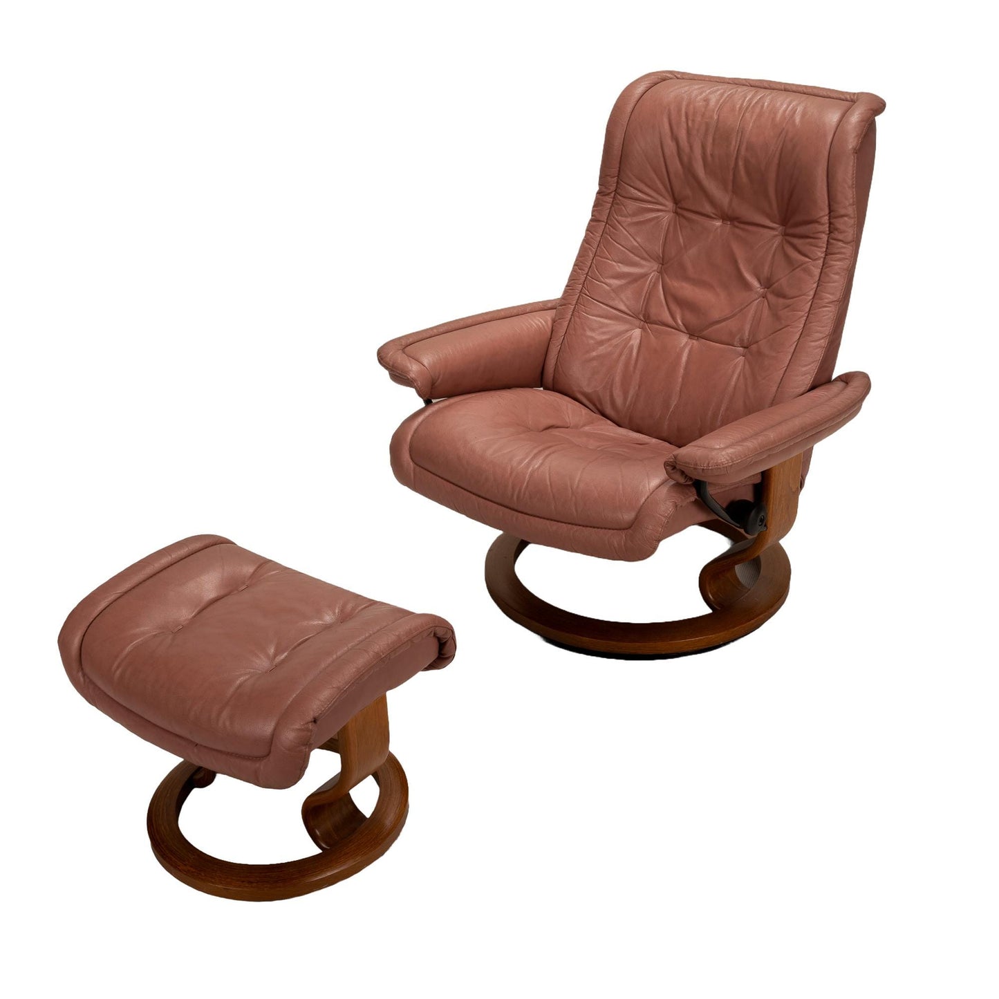 Large Ekornes Stressless Royal Recliner Chair + Ottoman in Mauve Pink - Norway , Classic Scandinavian Design, Unique Tufted Model