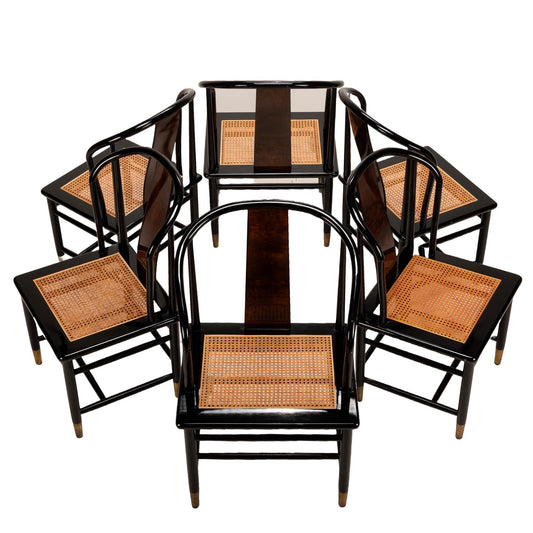 Henredon Scene III Black Lacquer and Burl Canned Dining Chairs - Set of 6 , Beautiful Caning , Elegant and Unique Seating