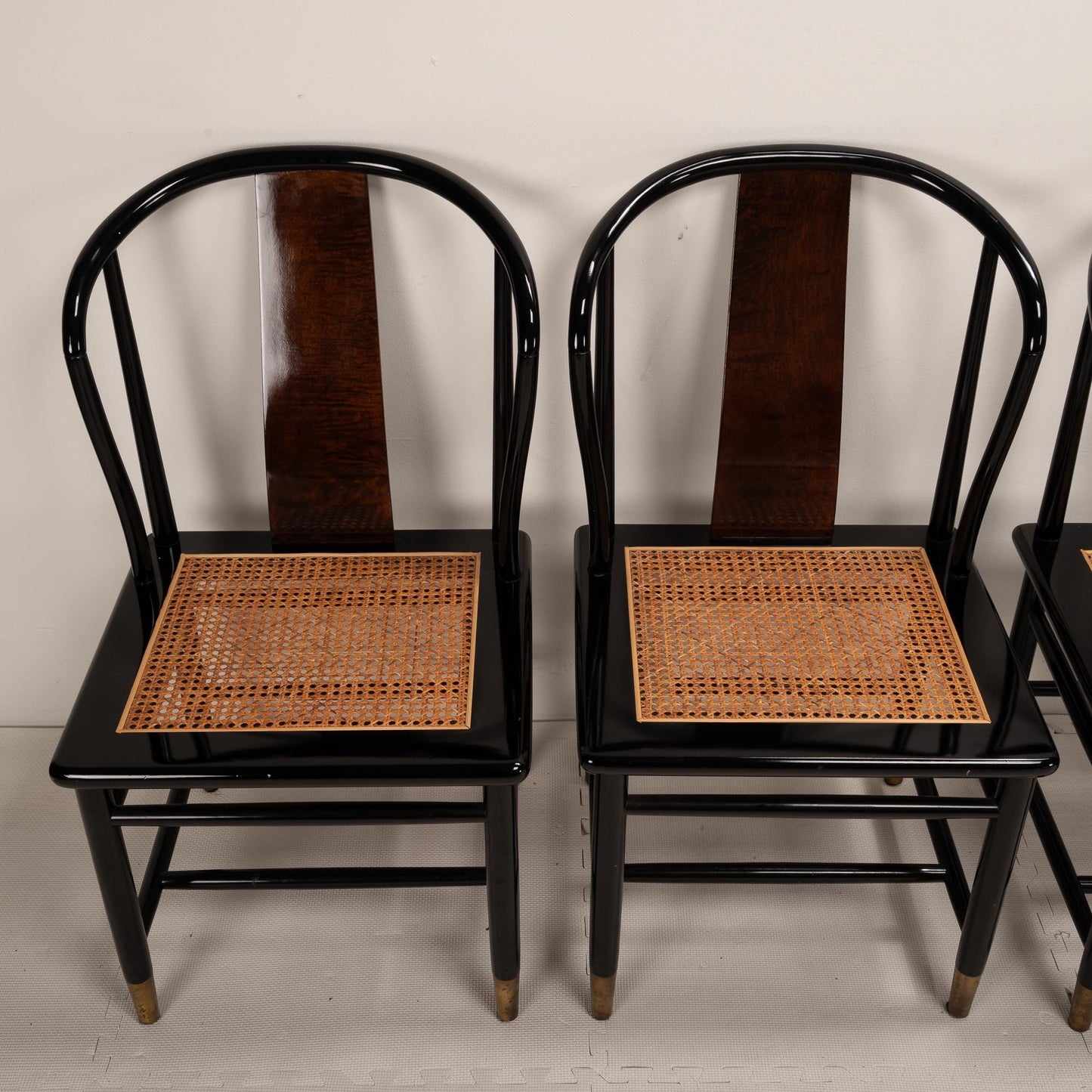 Henredon Scene III Black Lacquer and Burl Canned Dining Chairs - Set of 6 , Beautiful Caning , Elegant and Unique Seating